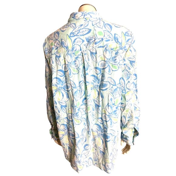 Appleseeds Size Large Blue Green Floral Button Shirt Coastal Garden Style Casual - Picture 5 of 10